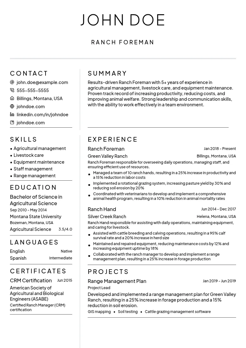 Ranch Foreman resume example