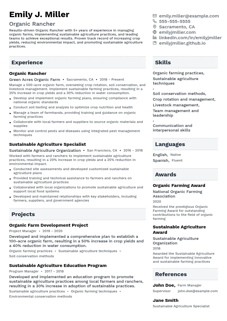 Organic Rancher resume example