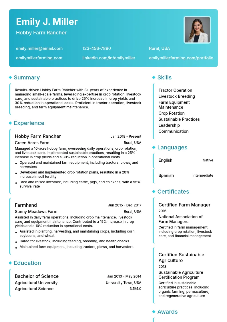 Hobby Farm Rancher resume example