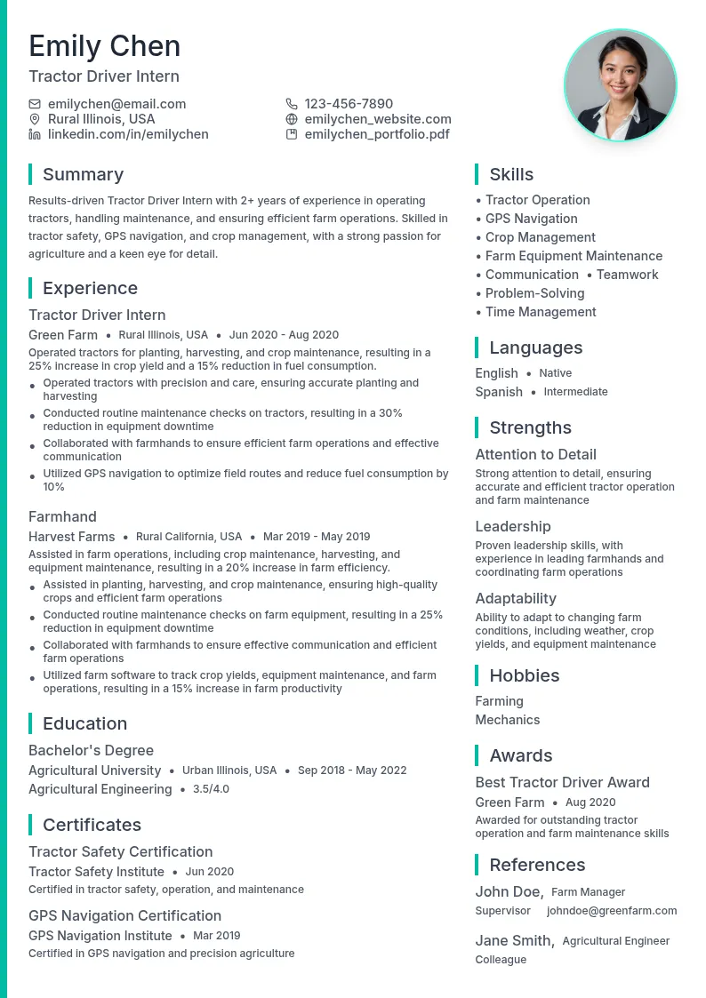 Tractor Driver Intern resume example