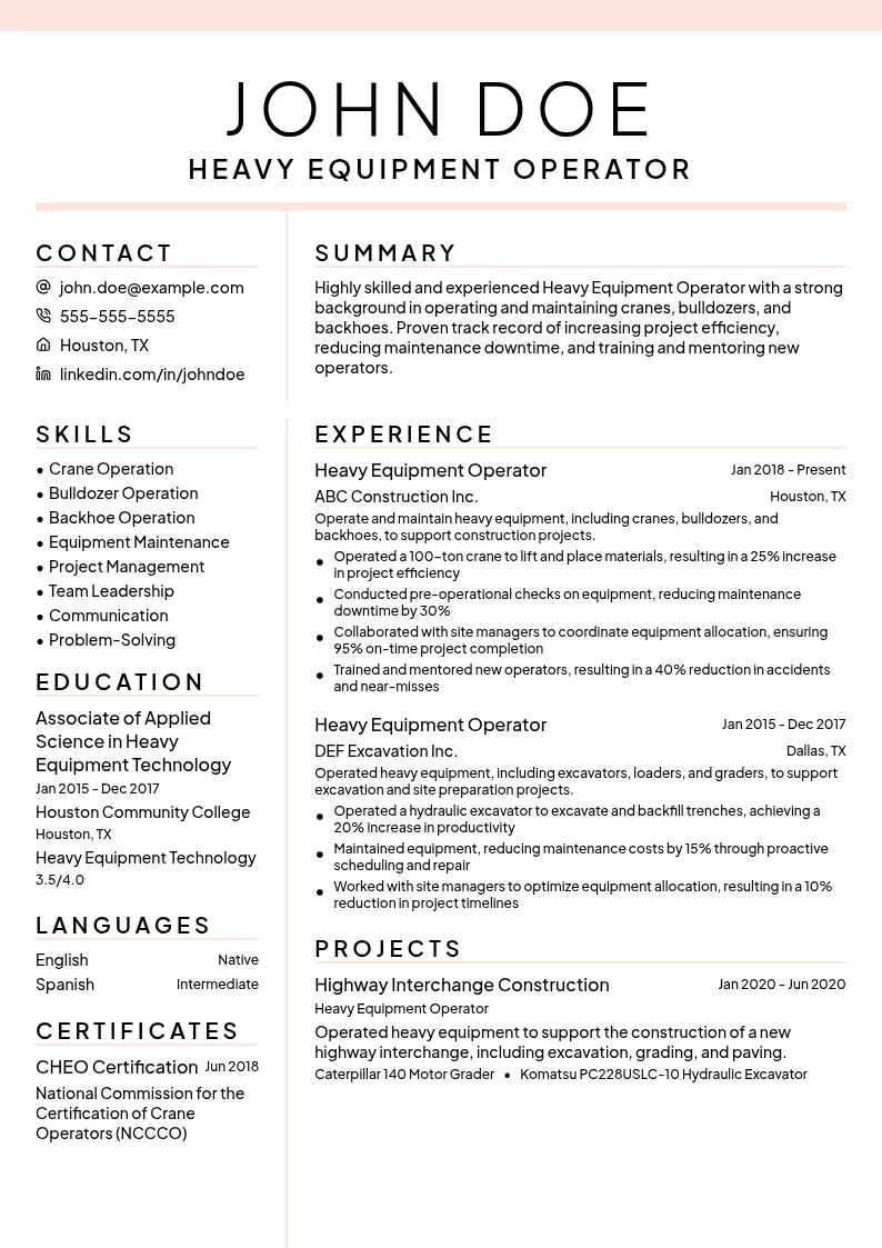 Heavy Equipment Operator resume example