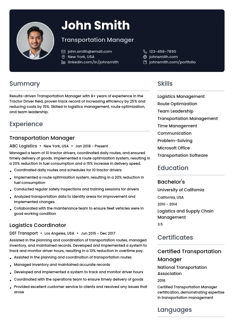 Transportation Manager resume example