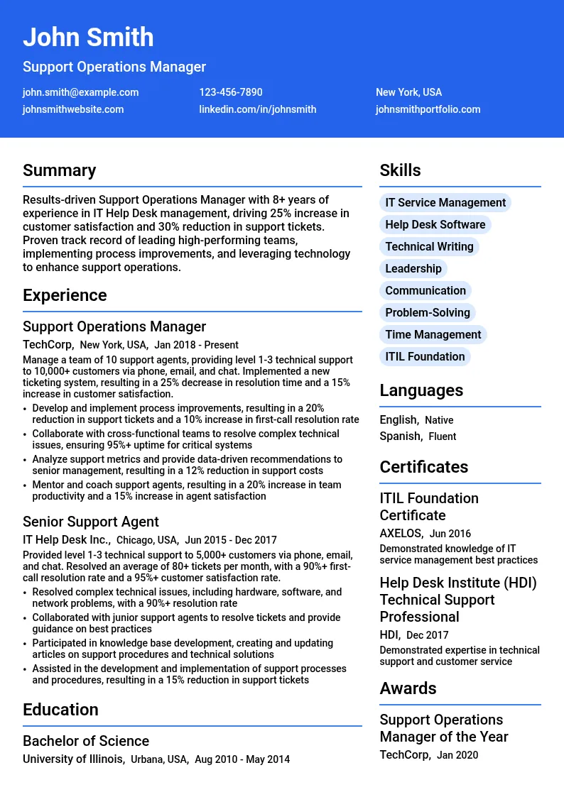 Support Operations Manager resume example