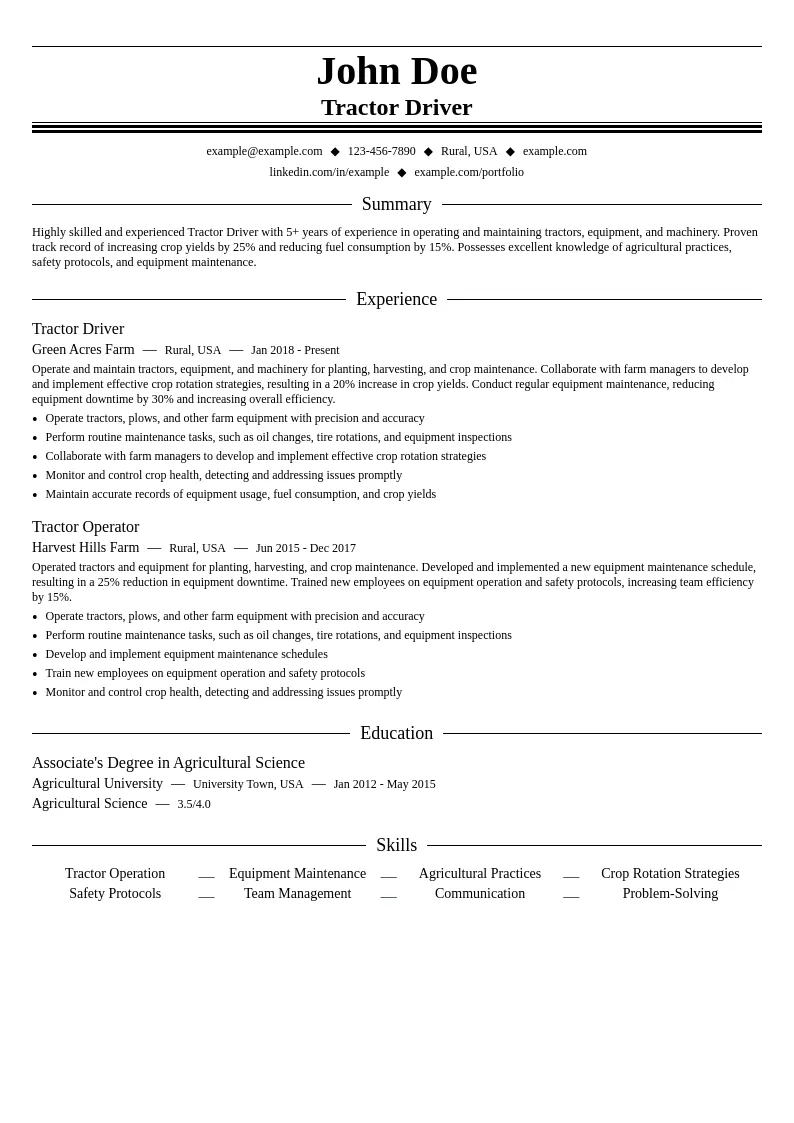 Tractor Driver resume example