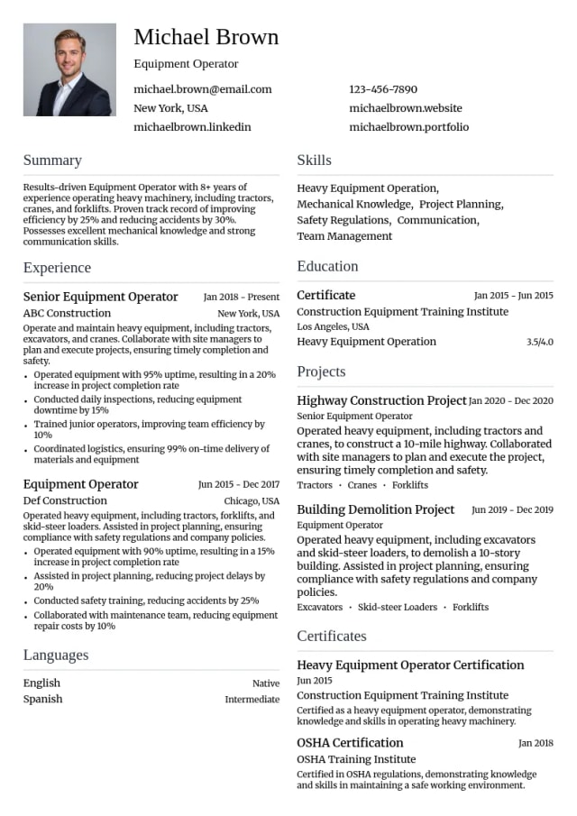 Equipment Operator resume example