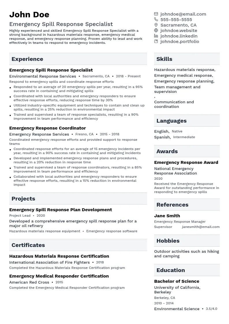 Emergency Spill Response Specialist resume example