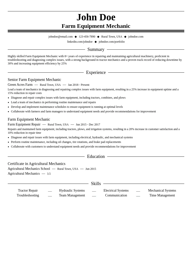 Farm Equipment Mechanic resume example