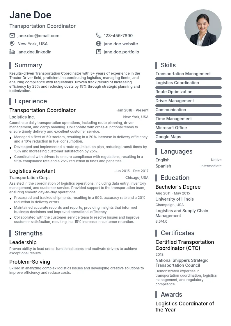Transportation Coordinator resume example