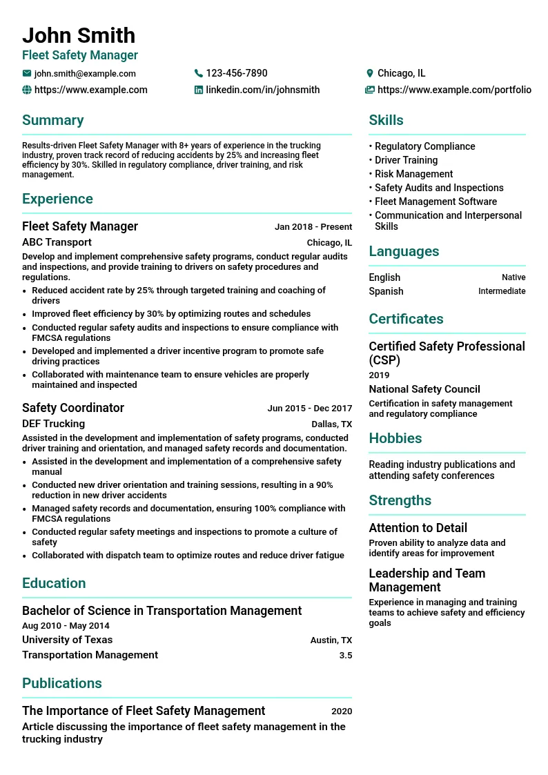 Fleet Safety Manager resume example