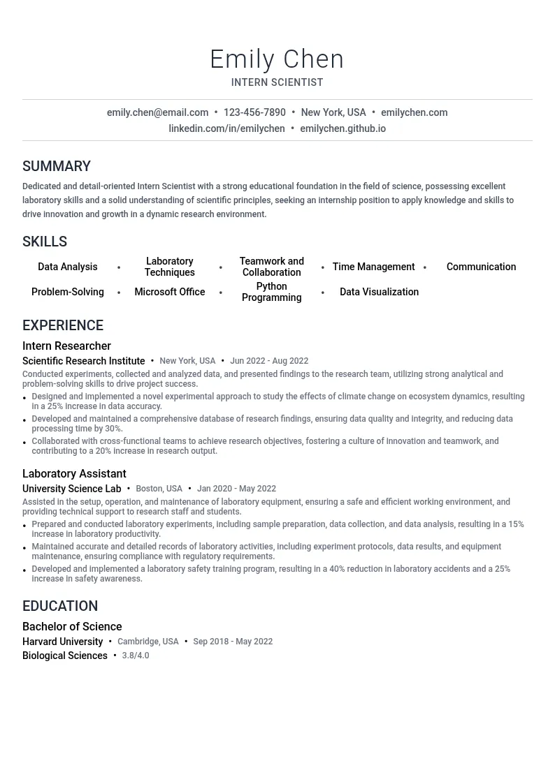 Intern Scientist resume example