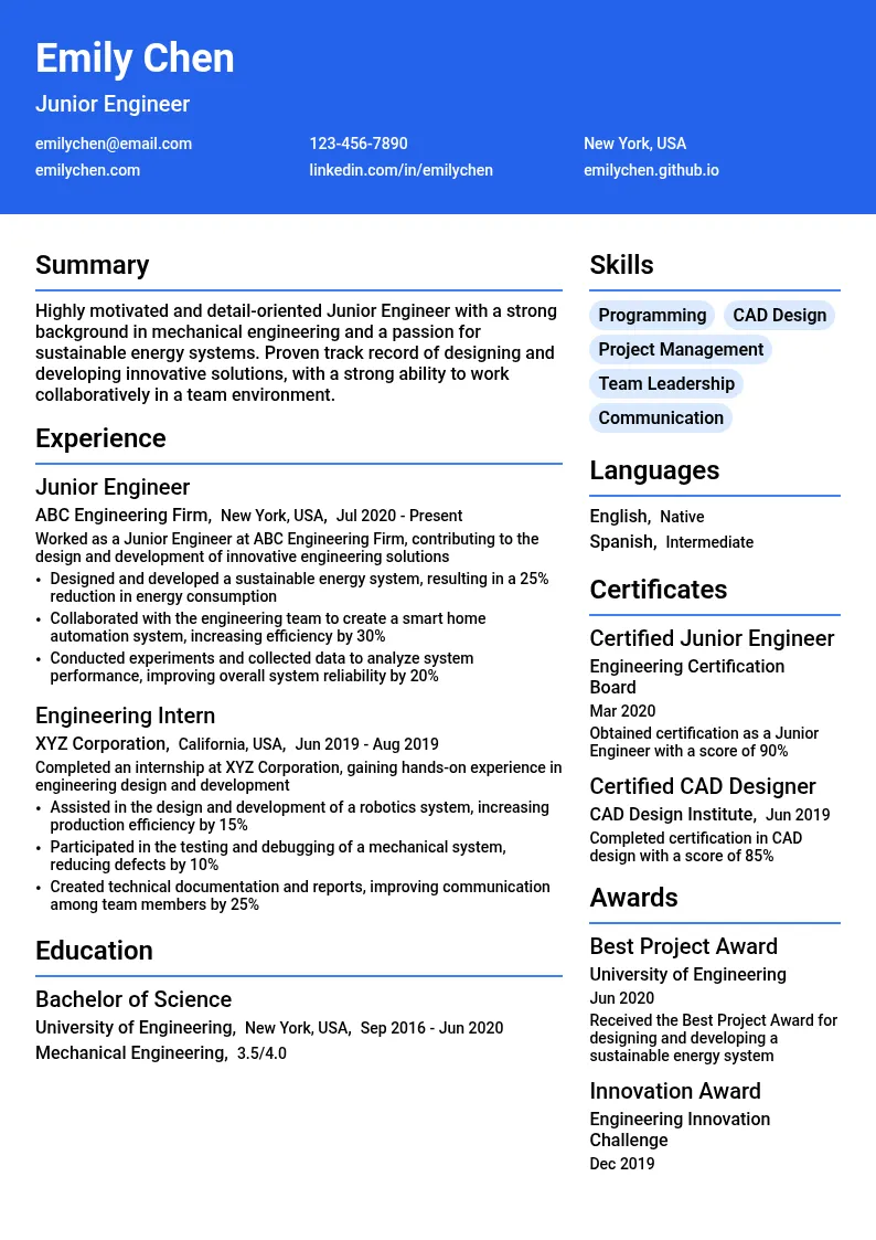 Junior Engineer resume example