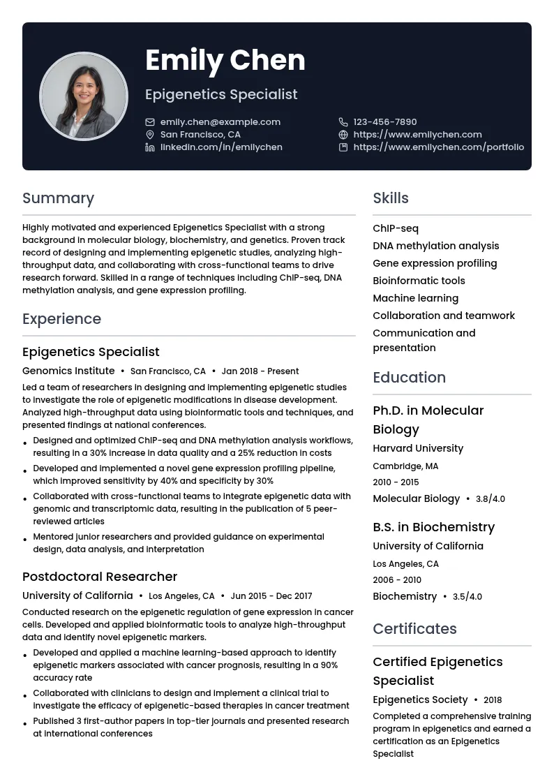 Epigenetics Specialist resume example