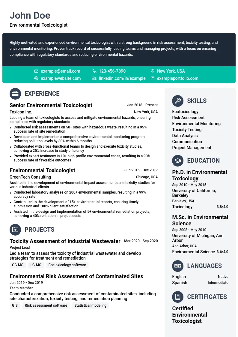 Environmental Toxicologist resume example