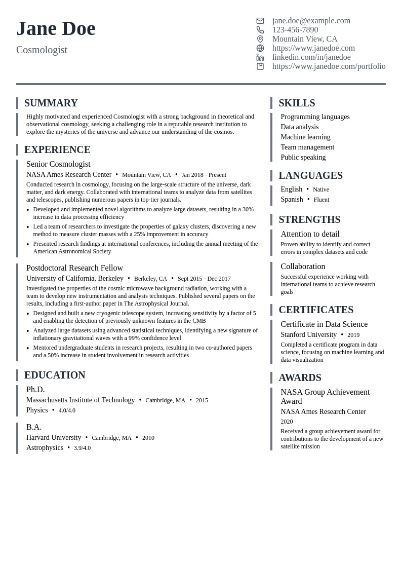 Cosmologist resume example