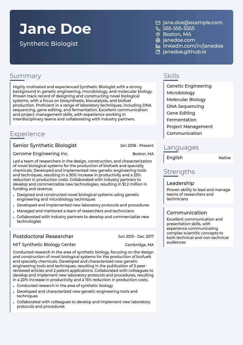 Synthetic Biologist resume example