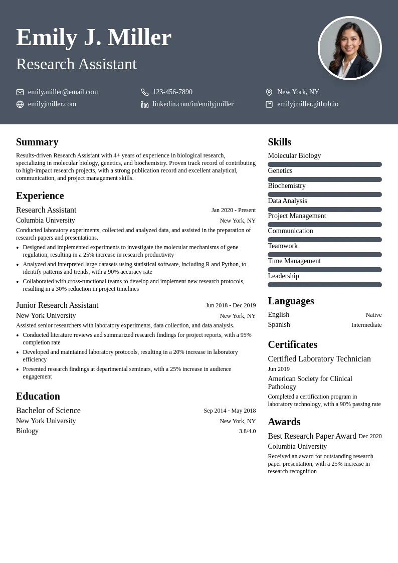 Research Assistant resume example