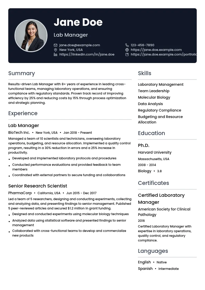 Lab Manager resume example