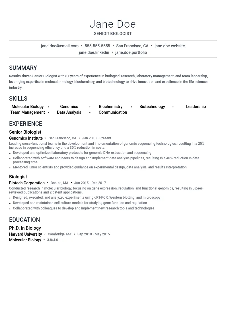 Senior Biologist resume example