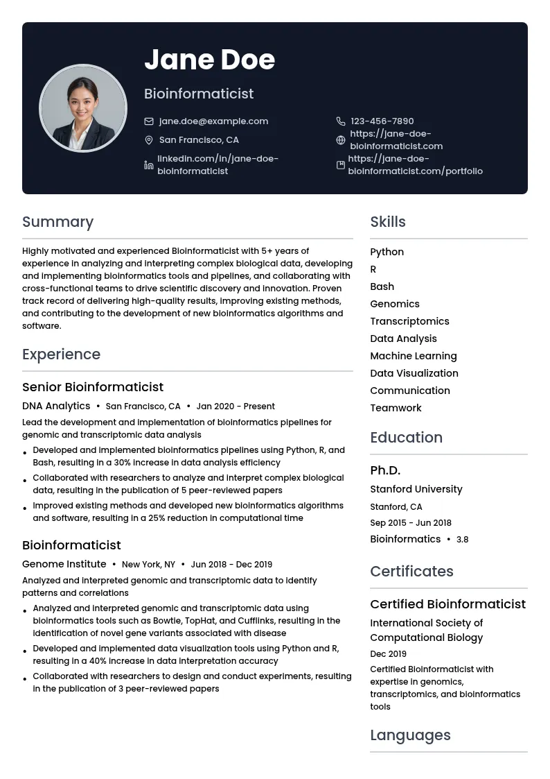 Bioinformaticist resume example