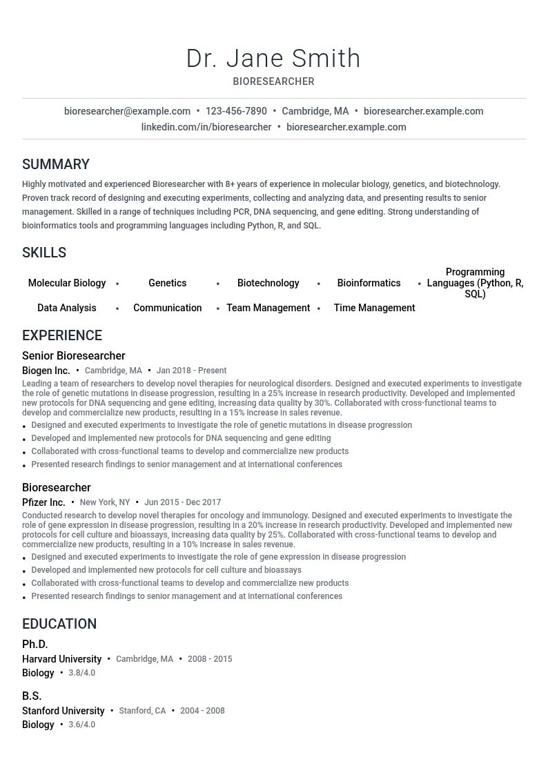 Bioresearcher resume example