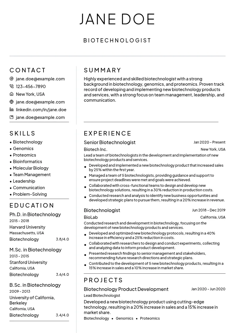 Biotechnologist resume example