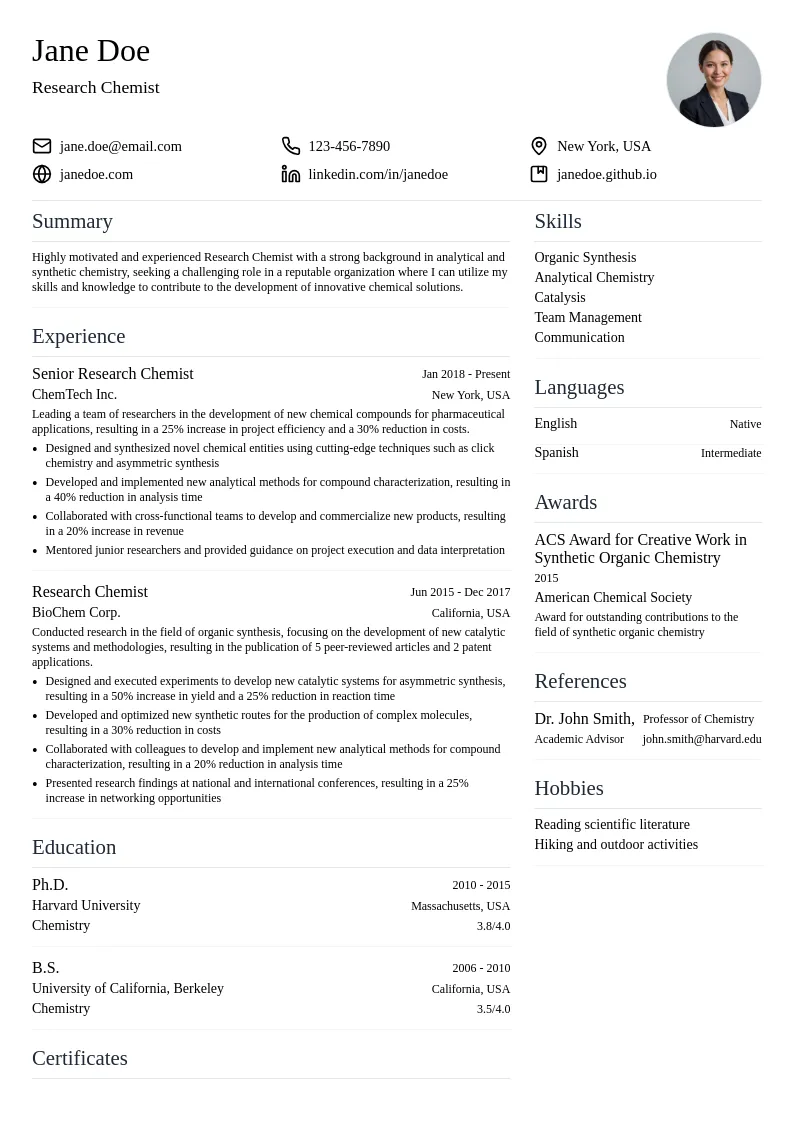 Research Chemist resume example