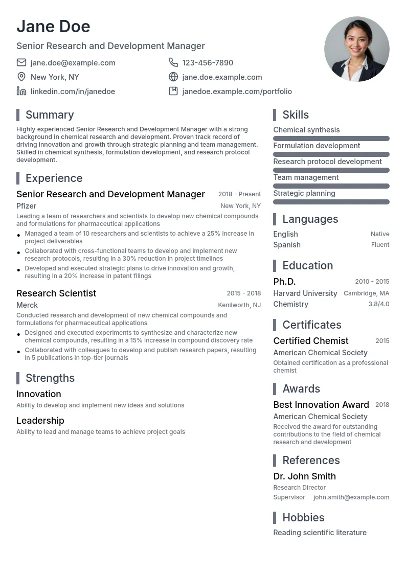 Senior Research and Development Manager resume example