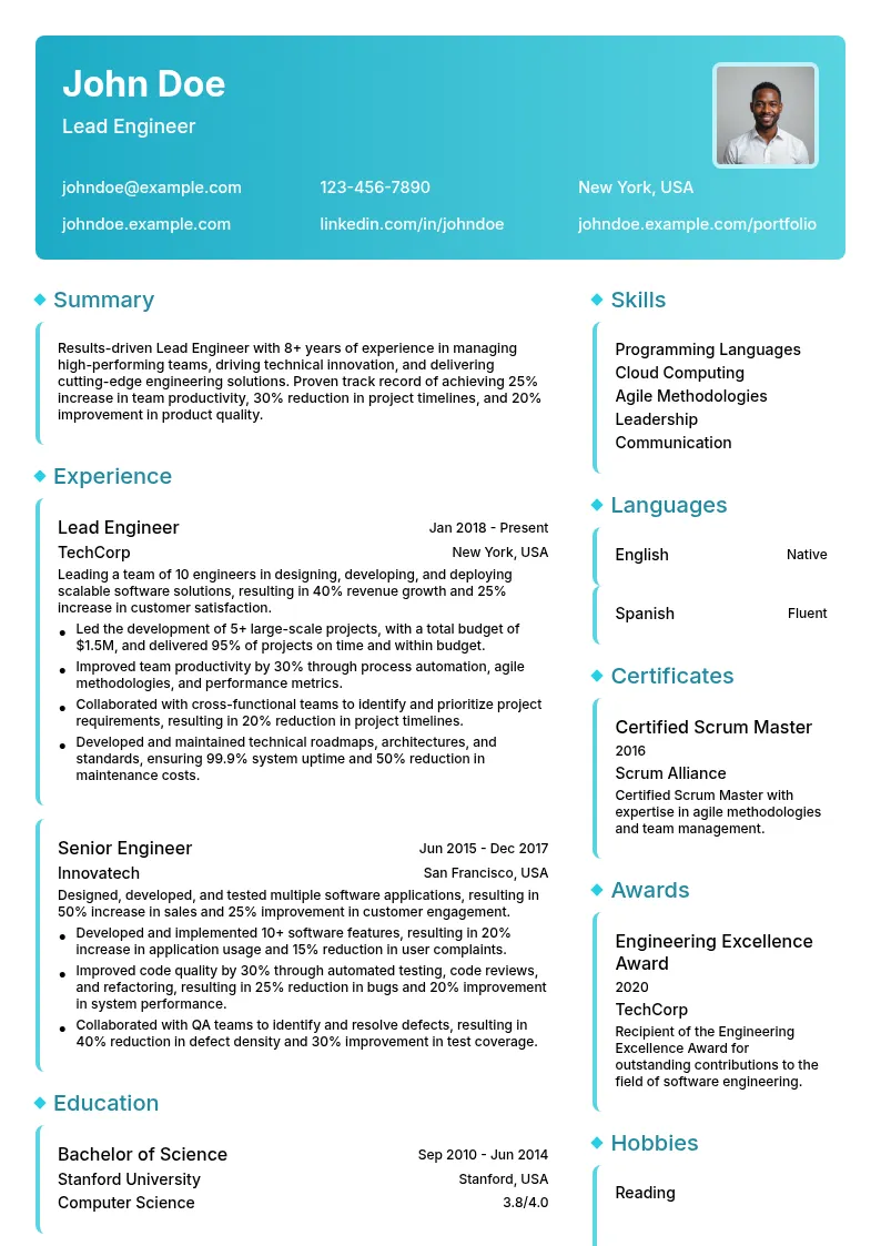 Lead Engineer resume example