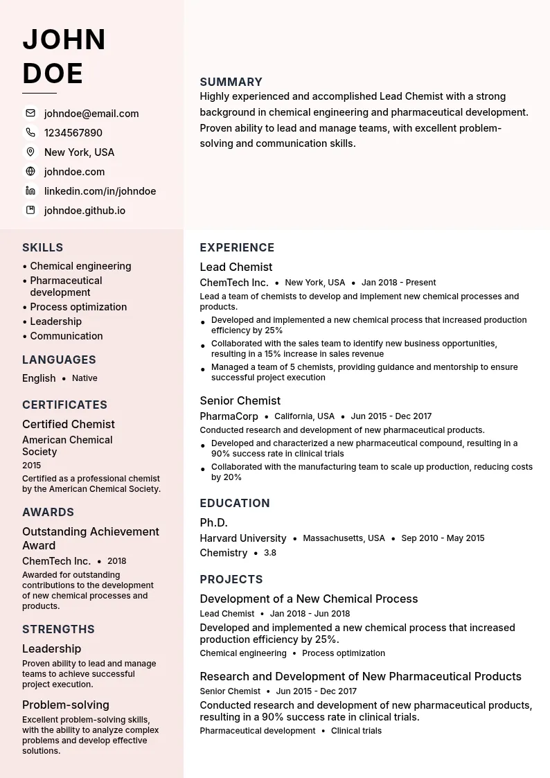 Lead Chemist resume example