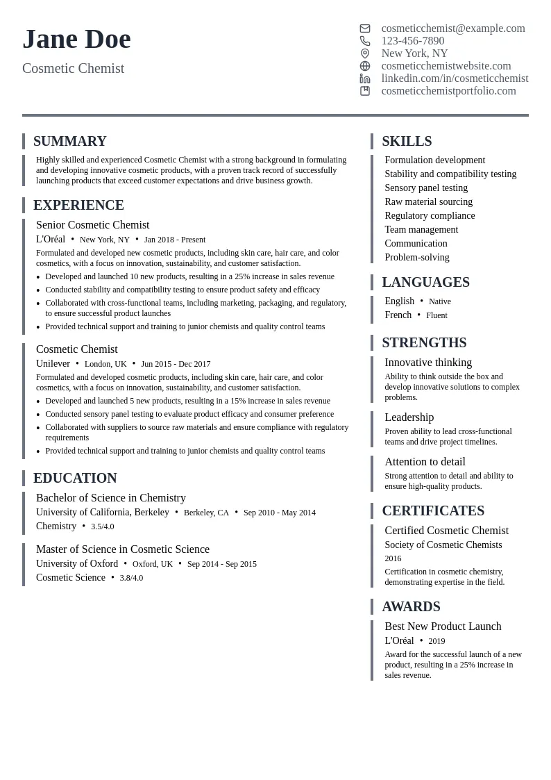 Cosmetic Chemist resume example