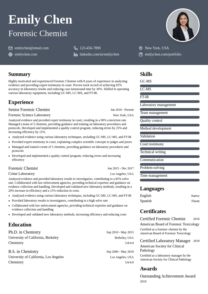 Forensic Chemist resume example