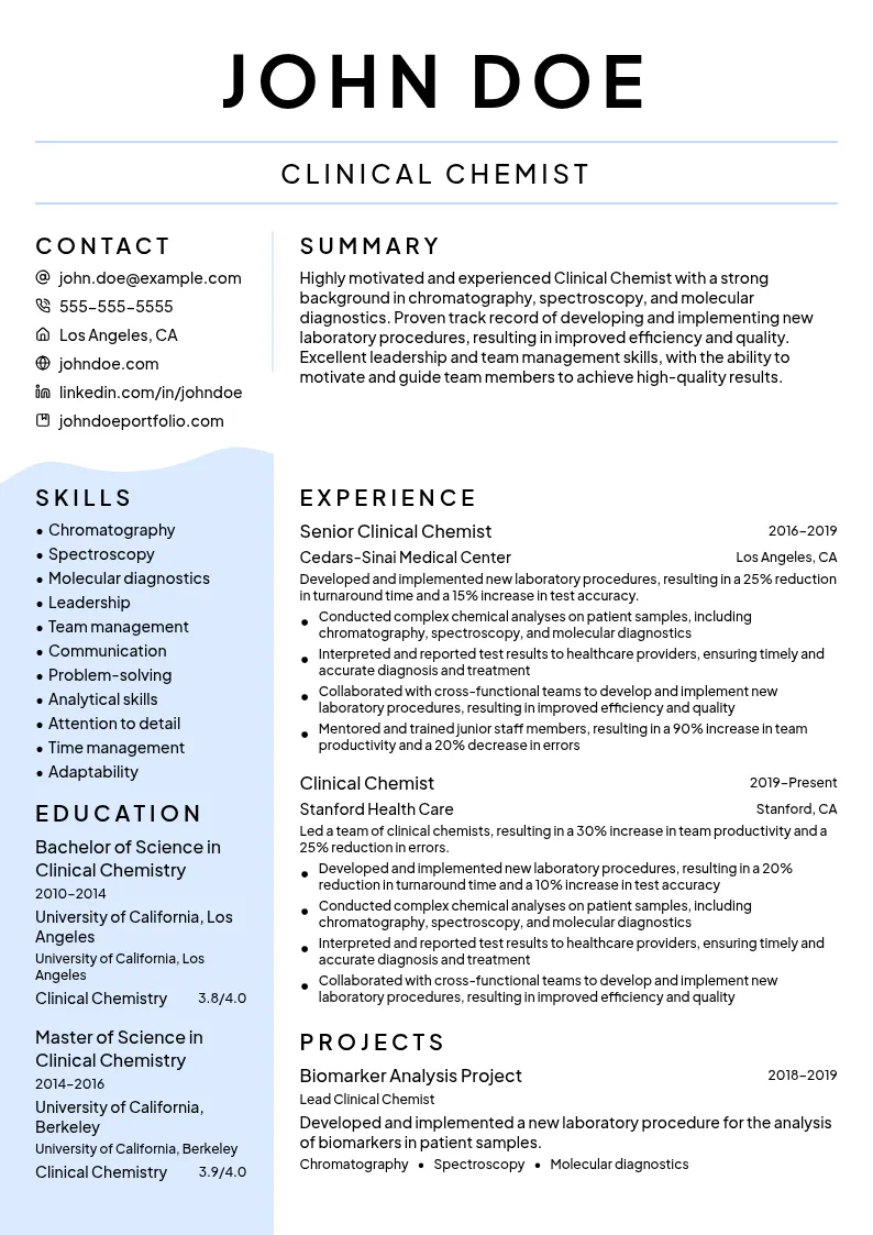 Clinical Chemist resume example