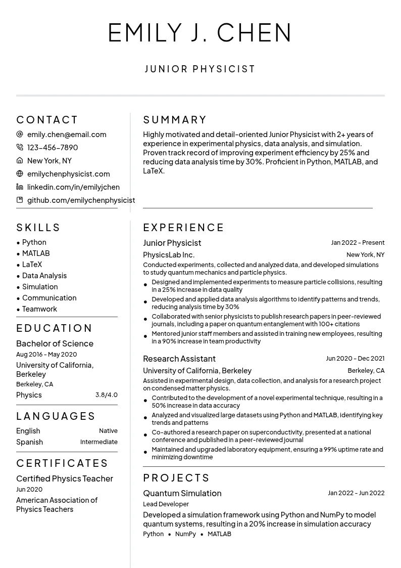 Junior Physicist resume example