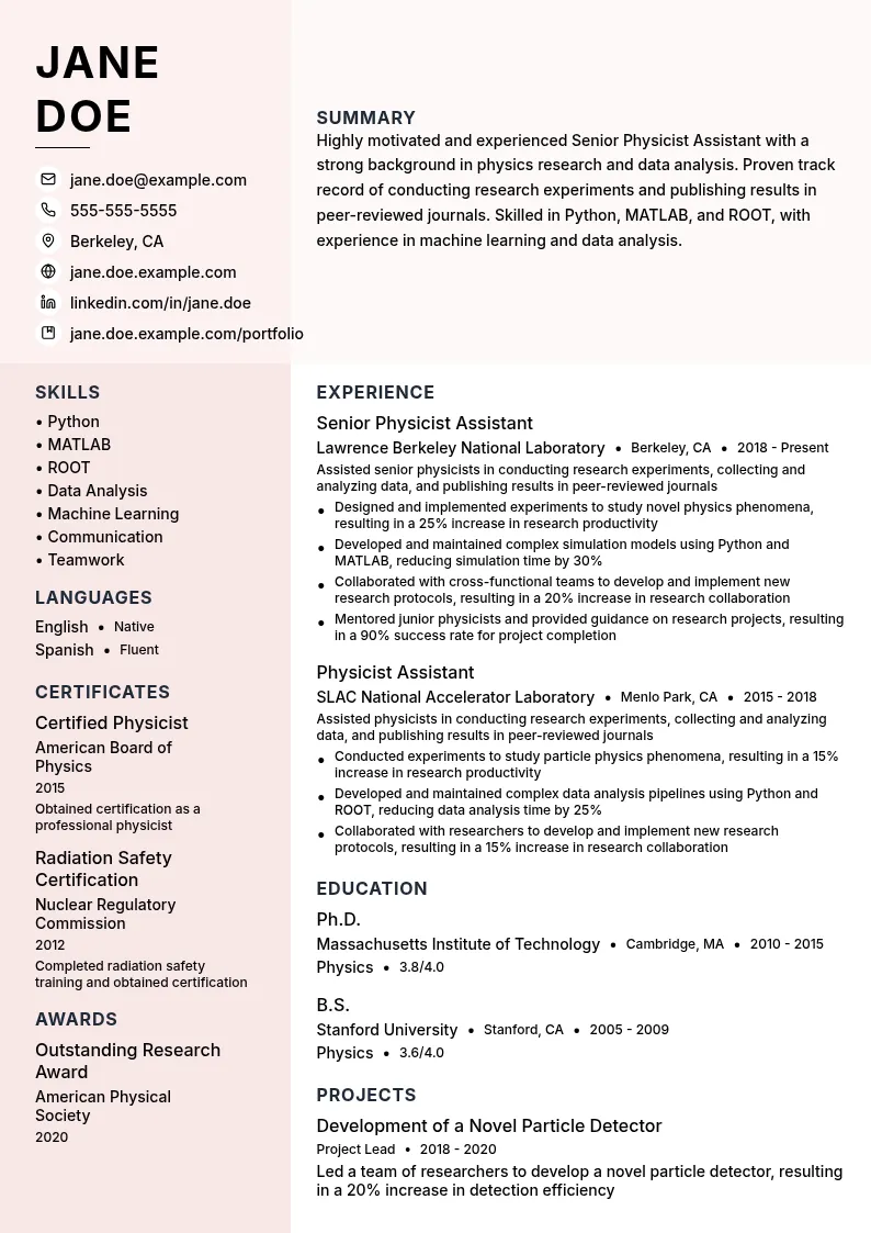 Senior Physicist Assistant resume example