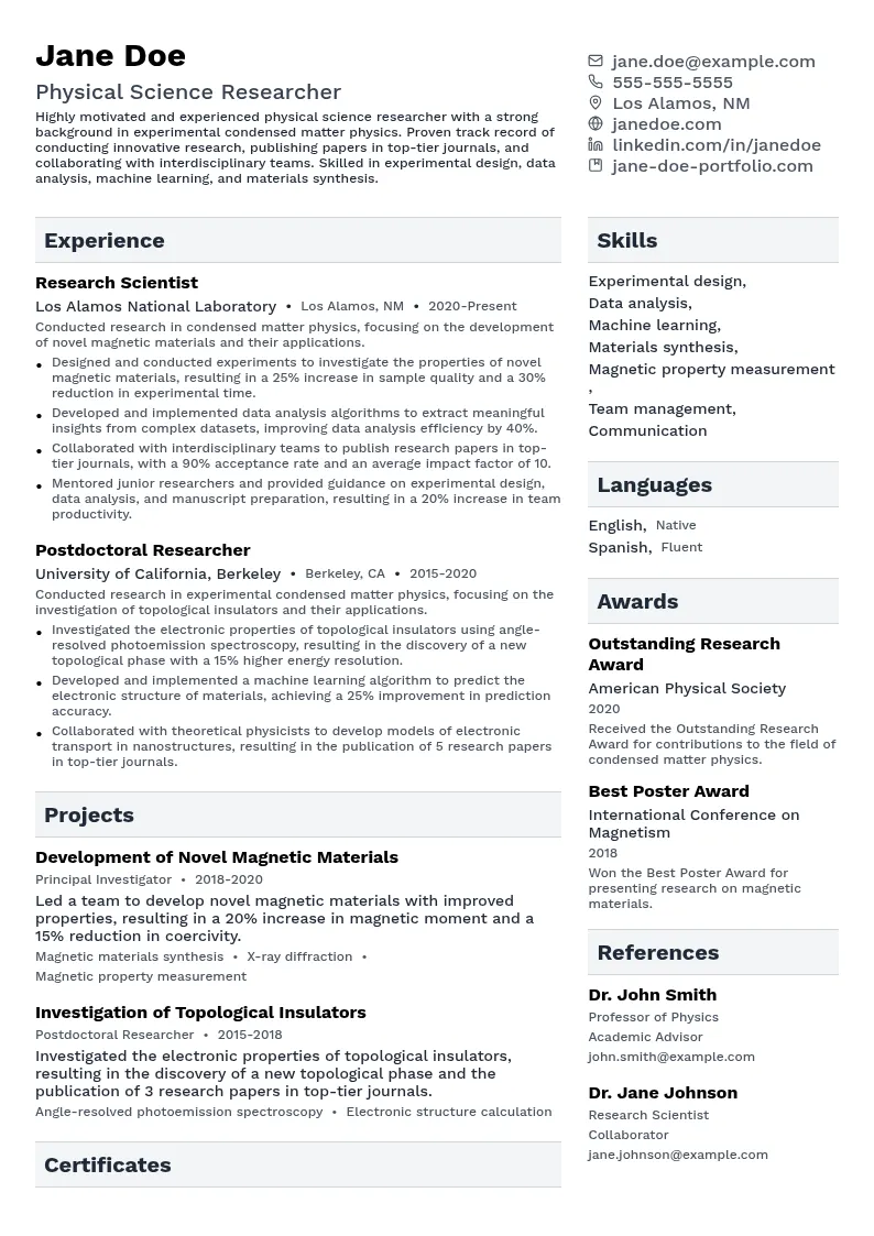 Physical Science Researcher resume example