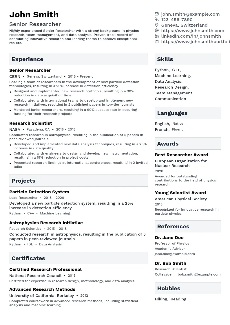 Senior Researcher resume example