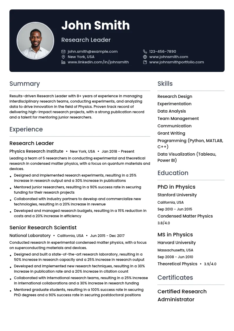 Research Leader resume example
