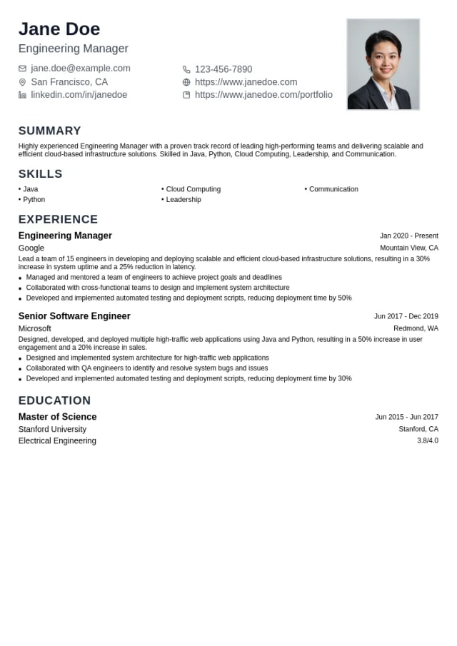 Engineering Manager resume example