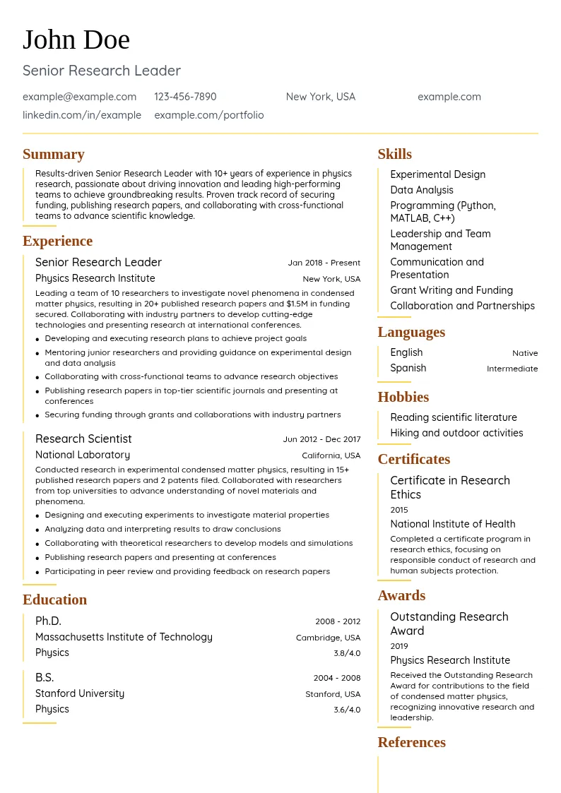 Senior Research Leader resume example