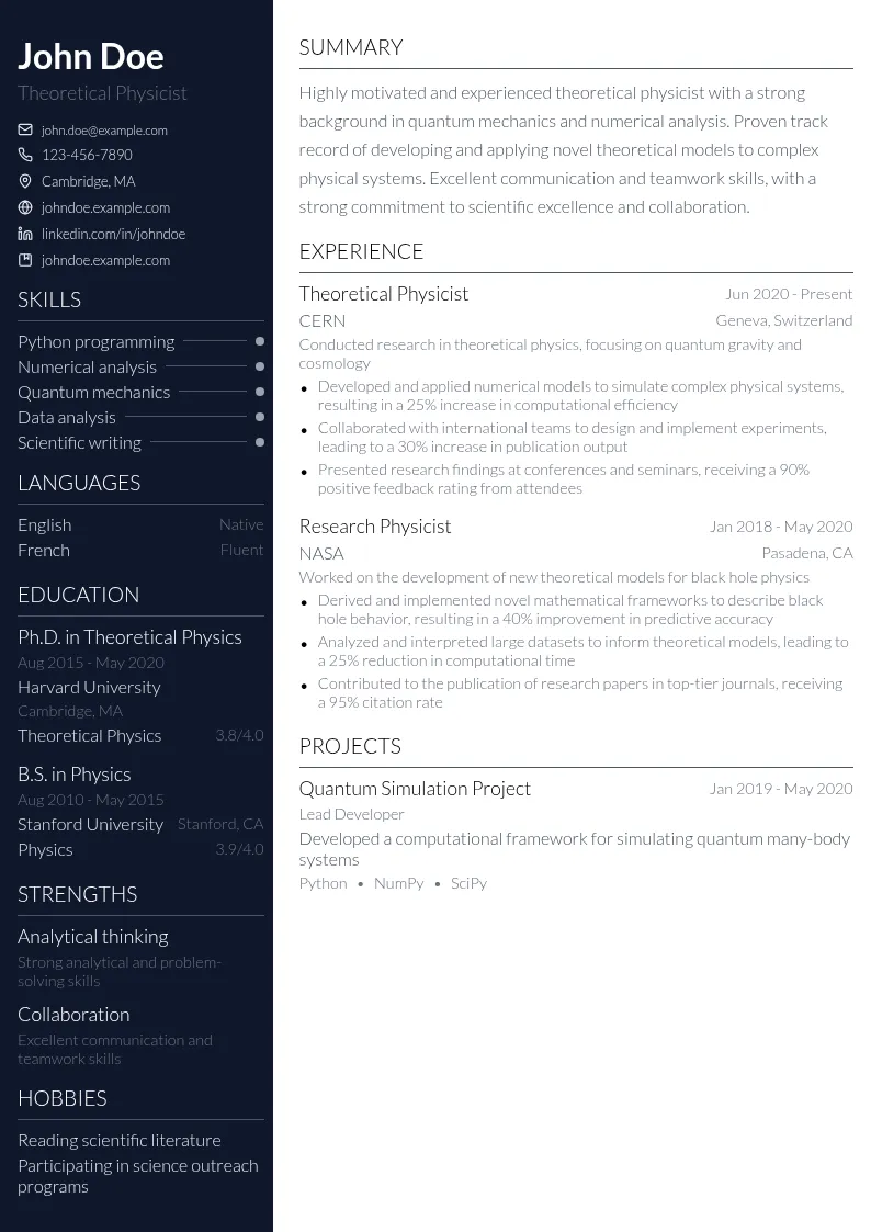 Theoretical Physicist resume example