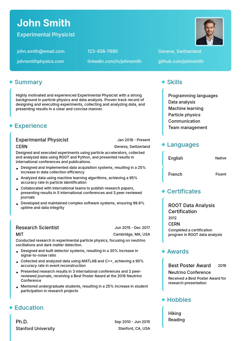Experimental Physicist resume example