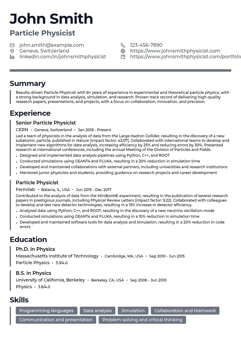 Particle Physicist resume example