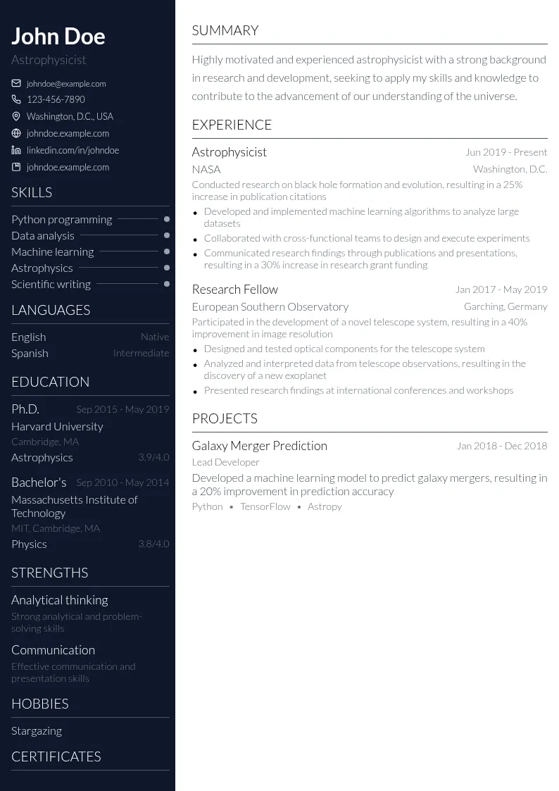 Astrophysicist resume example