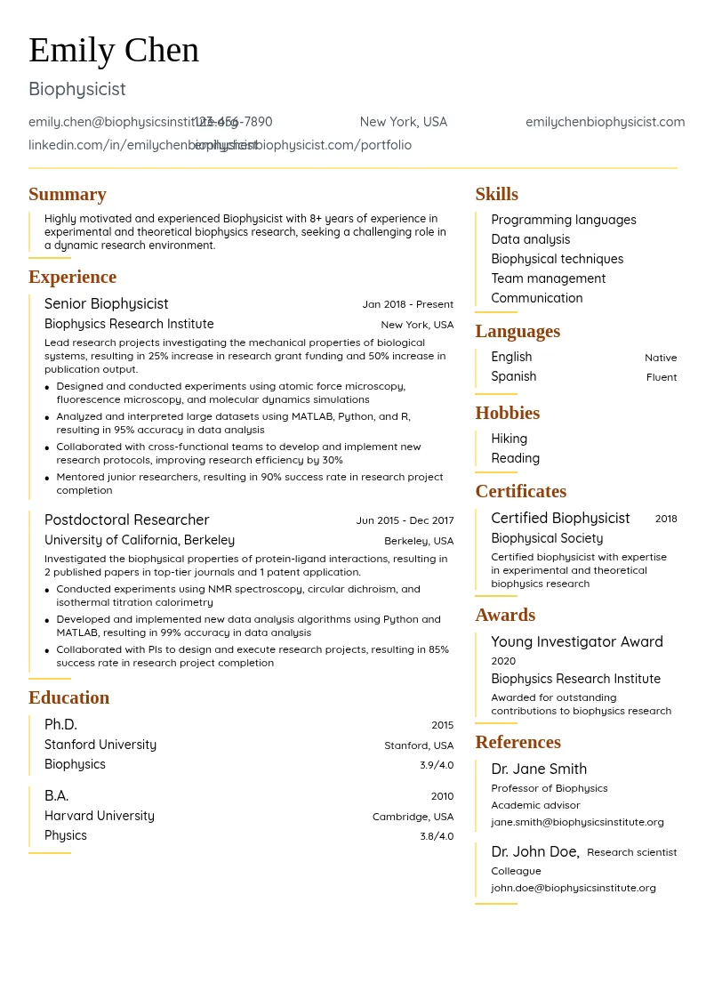 Biophysicist resume example