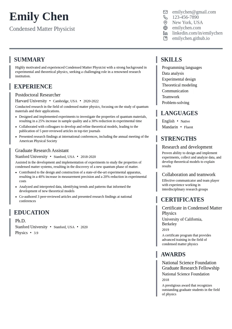 Condensed Matter Physicist resume example