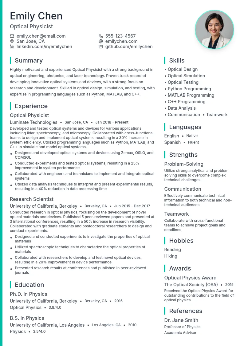 Optical Physicist resume example
