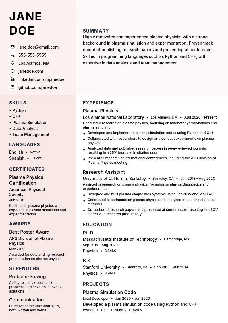 Plasma Physicist resume example