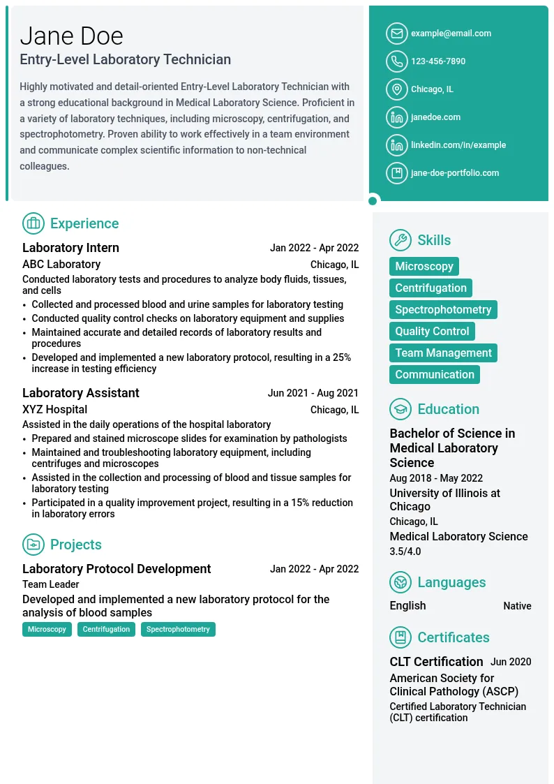 Entry-Level Laboratory Technician resume example