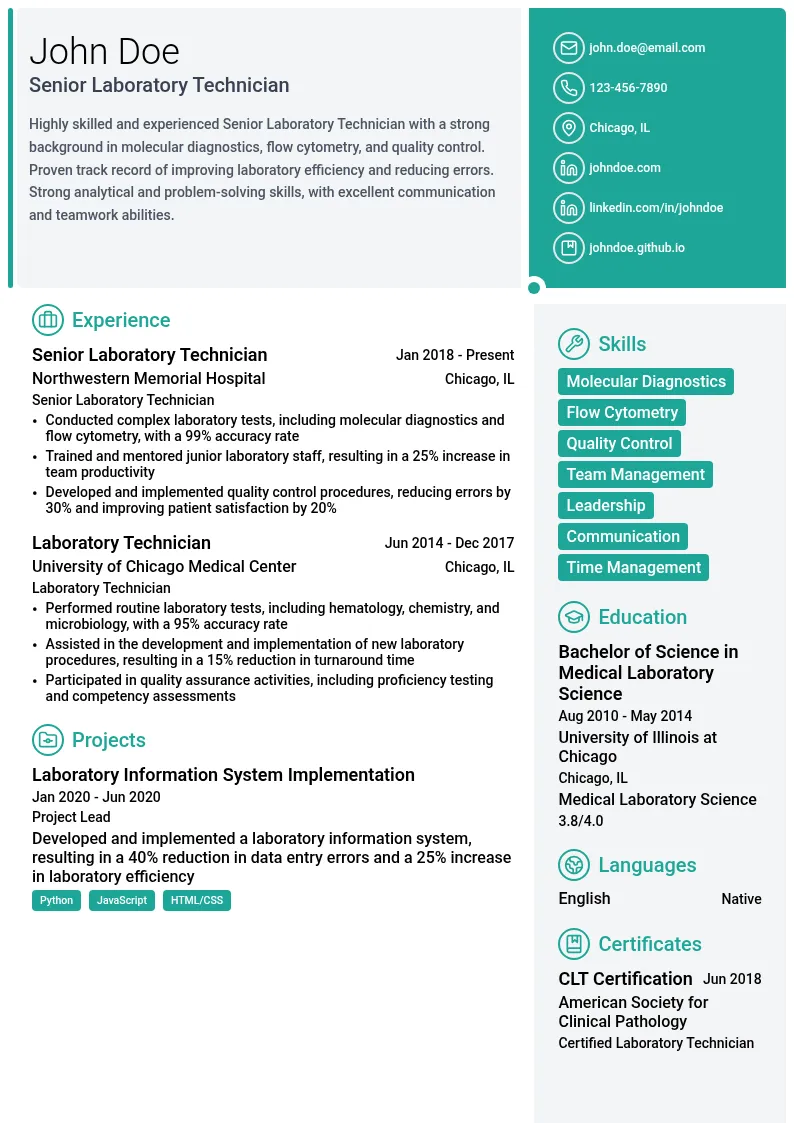 Senior Laboratory Technician resume example