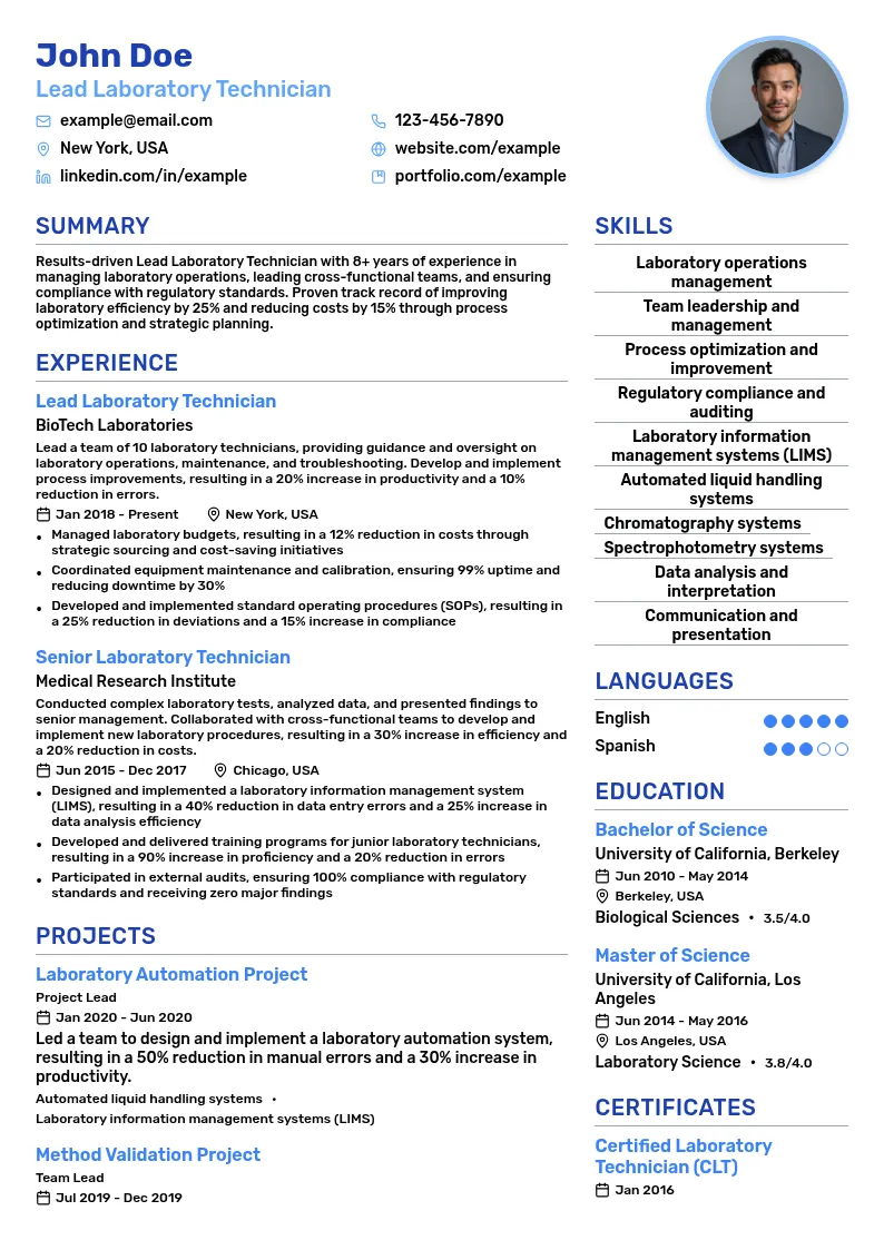 Lead Laboratory Technician resume example